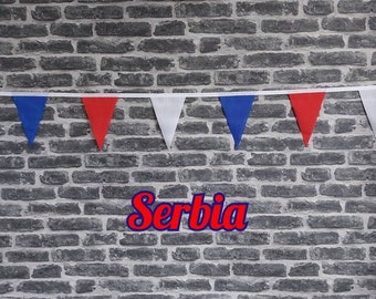 10ft - 50ft Lengths Handmade Fabric Bunting Football Sports Country Decoration - Serbia - Single Ply - Pinked Edges - Red, White & Blue Flag