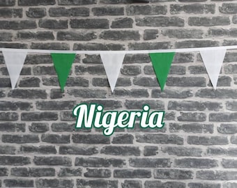 10ft Handmade Fabric Bunting Football Sports Coutry Decoration - Nigeria - Single Ply - Pinked Edges - Green & White Flags