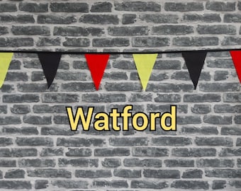 10ft - 50ft Lengths Handmade Football Team Colours Fabric Bunting - Watford - Single Ply - Black, Red & Yellow Flags - Black Bias Tape