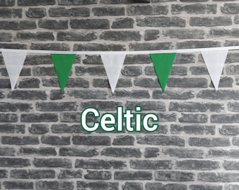 10ft Handmade Football Team Colours Fabric Bunting - Celtic - Single Ply - Pinked Edges - Green + White Flags - White Bias Tape