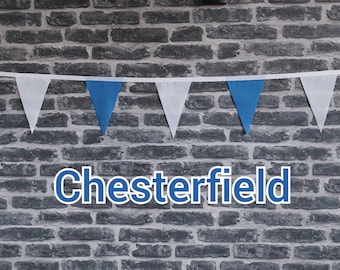 10ft Handmade Football Team Colours Fabric Bunting - Chesterfield - Single Ply - Pinked Edges - Blue + White Flags - White Bias Tape