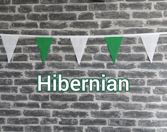 10ft - 50ft Lengths Handmade Football Team Colours Fabric Bunting - Hibernian - Single Ply - Green + White Flags - White Bias Tape