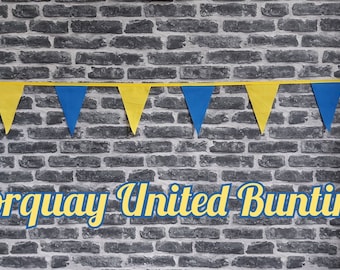 10ft Handmade Football Team Colours Fabric Bunting - Torquay United - Single Ply - Pinked Edges - Blue + Yellow Flags - Gold Bias Tape