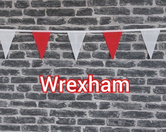 10ft Handmade Football Team Colours Fabric Bunting - Wrexham FC - Single Ply - Pinked Edges - Red & White Flag - White Bias Tape