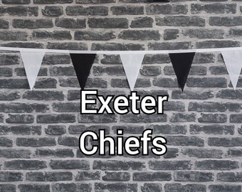 10ft Handmade Rugby Team Colours Fabric Bunting - Exeter Chiefs - Single Ply - Pinked Edges - Black & White Flags - White Bias Tape