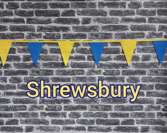 10ft - 50ft Lengths Handmade Football Team Colours Fabric Bunting - Shrewsbury Town - Single Ply - Blue + Yellow Flags - Gold Bias Tape