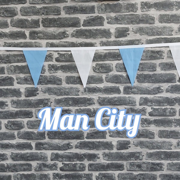 Bandierine in tessuto fatte a mano con colori della squadra di calcio, lunghezza 10 piedi - 50 piedi - Manchester City - Strato singolo - Bandiere blu + bianche - Nastro in sbieco bianco