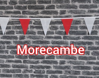 10ft - 50ft Lengths Handmade Football Team Colours Fabric Bunting - Morecambe - Single Ply - Red & White Flags - White Bias Tape