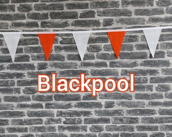 10ft - 50ft Lengths Handmade Football Team Colours Fabric Bunting - Blackpool - Single Ply - Orange + White Flags - White Bias Tape