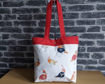 BAG 978 Handmade Shoulder Shopping Reusable Night Weekend Mum Baby Nappy Beach School Teacher Book Tote - Robins in Christmas Jumpers Red