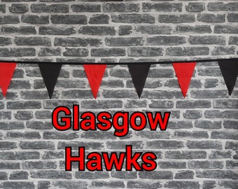 10ft Handmade Rugby Team Colours Fabric - Glasgow Hawks - Single Ply - Pinked Edges - Black & Red Flags - Black Bias Tape