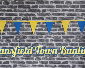 10ft Handmade Football Team Colours Fabric Bunting - Mansfield Town - Single Ply - Pinked Edges - Blue + Yellow Flags - Gold Bias Tape