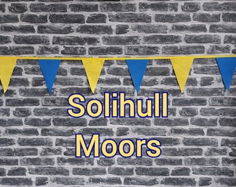 10ft Handmade Football Team Colours Fabric Bunting - Solihull Moors - Single Ply - Pinked Edges - Blue + Yellow Flags - Gold Bias Tape