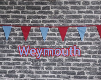 10ft Handmade Football Team Colours Fabric Bunting - Weymouth Single Ply - Pinked Edges - Burgundy & Blue Flags - Burgundy Bia Tape