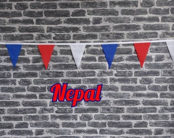 10ft - 50ft Lengths Handmade Fabric Bunting Football Sports Country Decoration - Nepal - Single Ply - Pinked Edges - Red, White & Blue Flags