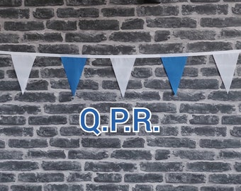 10ft - 50ft Handmade Football Team Colours Fabric Bunting - Queens Park Rangers - Single Ply - Blue + White Flags - White Bias Tape