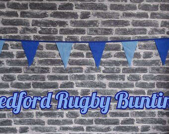 10ft Handmade Rugby Team Colours Fabric - Bedford Rugby - Single Ply - Pinked Edges - Light + Dark Blue Flags - Blue Bias Tape