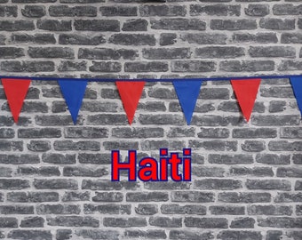 10ft Handmade Fabric Bunting Football Sports Coutry Decoration - Haiti - Single Ply - Pinked Edges - Blue & Red Flags