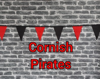 10ft Handmade Rugby Team Colours Fabric Bunting - Cornish Pirates  - Single Ply - Pinked Edges - Black & Red Flags - Black Bias Tape