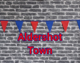 10ft Handmade Football Team Colours Fabric Bunting - Aldershot Town - Single Ply - Pinked Edges - Red & Blue Flags - Royal Bias Tape