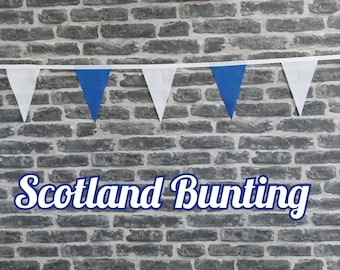 10ft - 50ft Lengths Handmade Football Team Colours Fabric Bunting - Scotland - Blue + White Flags - White Bias
