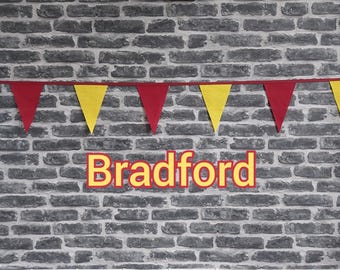 10ft Handmade Football Team Colours Fabric Bunting - Bradford City - Single Ply - Pinked Edges - Burgundy + Yellow Flag - Burgundy Bias Tape