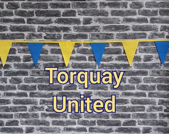 10ft Handmade Football Team Colours Fabric Bunting - Torquay United - Single Ply - Pinked Edges - Blue + Yellow Flags - Gold Bias Tape