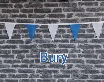 10ft Handmade Football Team Colours Fabric Bunting - Bury - Single Ply - Pinked Edges - Blue + White Flags - White Bias Tape