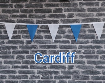 10ft - 50ft Lengths Handmade Football Team Colours Fabric Bunting - Cardiff City - Single Ply - Blue + White Flags - White Bias Tape