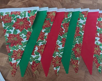 10ft HANDMADE Ready Made Fabric Christmas Bunting - Single Ply - Pinked Edges - Glitter Poinsettia Plants Red and Green - WHITE Bias Tape