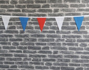 10ft - 50ft Handmade Football Team Colours Fabric Bunting - Blue, Red & White Flags