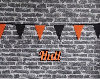 10ft - 50ft Lengths Handmade Football Team Colours Fabric Bunting - Hull City - Single Ply -  Black & Orange Flags - Black Bias