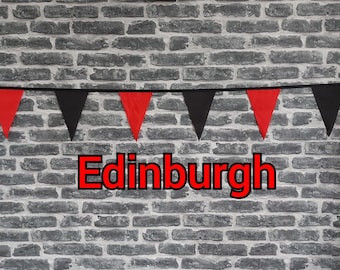 10ft Handmade Rugby Team Colours Fabric Bunting - Edinburgh Rugby - Single Ply - Pinked Edges - Black & Red Flags - Black Bias Tape