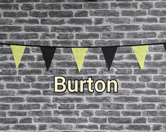 10ft - 50ft Lengths Handmade Football Team Colours Fabric Bunting - Burton Albion - Single Ply - Black & Yellow Flags - Black Bias Tape