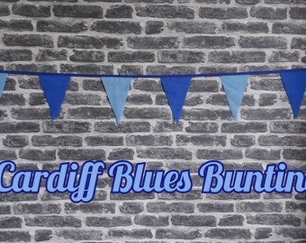 10ft Handmade Rugby Team Colours Fabric - Cardiff Blues - Single Ply - Pinked Edges - Light + Dark Blue Flags - Blue Bias Tape
