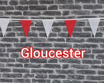 10ft Handmade Rugby Team Colours Fabric Bunting - Gloucester Rugby - Single Ply - Pinked Edges - Red & White Flags - White Bias Tape