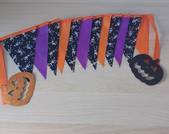 SALE 10ft HANDMADE Fabric Halloween Bunting - Single Ply - Spooky Scary Dancing Skeletons - Party Garden Home Decoration Black Purple Orange