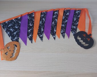 10ft HANDMADE Fabric Halloween Bunting - Single Ply - Spooky Scary Dancing Skeletons - Party Garden Home Decoration Black Purple Orange