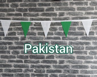 10ft Handmade Fabric Bunting Football Sports Coutry Decoration - Pakistan - Single Ply - Pinked Edges - Green & White Flags