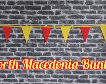 10ft - 50ft Lengths Handmade Football Team Colours Fabric Bunting - North Macedonia - Single Ply - Pinked Edges - Red + Yellow Flags