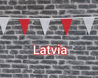 10ft Handmade Fabric Bunting Football Sports Country Decoration - Latvia - Single Ply - Pinked Edges - Red & White Flags