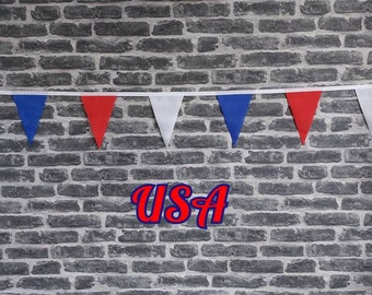 10ft - 50ft Lengths Handmade Fabric Bunting Football Sports Country Decoration - USA - Single Ply - Pinked Edges - Red, White & Blue Flags