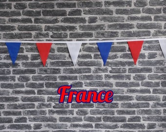 10ft Handmade Football Team Colours Fabric Bunting - France - Single Ply - Pinked Edges - Red, White & Blue  Flags