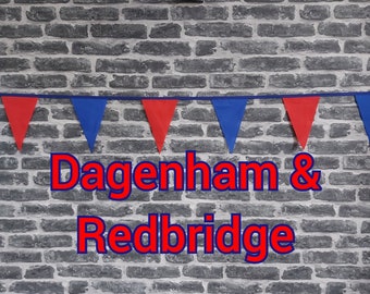 10ft Handmade Football Team Colours Fabric Bunting - Dagenham & Redbridge- Single Ply - Pinked Edges - Red + Blue Flags - Royal Bias Tape