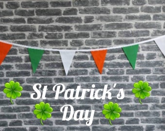 10ft - 50ft HANDMADE Fabric St Patricks Day Bunting - Single Ply - Green White Gold Tri Colours - White Bias Tape - Irish Decoration