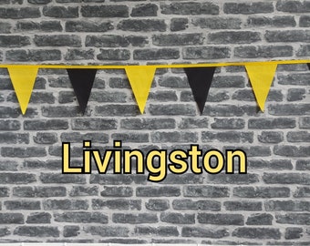 10ft Handmade Football Team Colours Fabric Bunting - Livingston - Single Ply - Pinked Edges - Black & Yellow Flags - Gold Bias