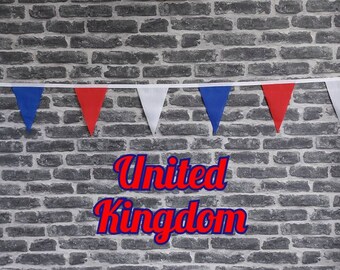 10ft - 50ft Lengths Handmade Fabric Bunting Football Sports Country Decoration - United Kingdom - Single Ply  - Red, White & Blue Flags