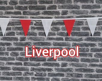 10ft - 50ft Lengths Handmade Football Team Colours Fabric Bunting - Liverpool - Single Ply  - Red & White Flags - White Bias Tape