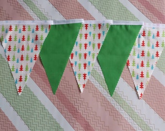 10ft HANDMADE Fabric Christmas Bunting - Single Ply - Pinked Edges - Festive Christmas Trees Red Green Blue Stars  - WHITE Bias Tape