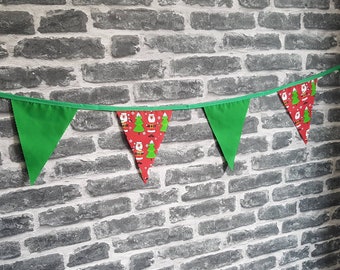 10ft HANDMADE Fabric Christmas Bunting - Single Ply - Pinked Edges - Green Red White Christmas Trees Santa Pudding - Green Bias Tape